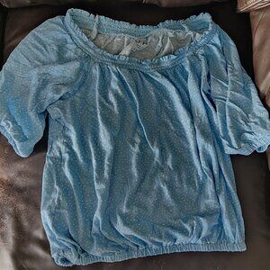 LOFT Blue White Polka Dot Smocked Shirt Womens Short Sleeve Pullover Size m